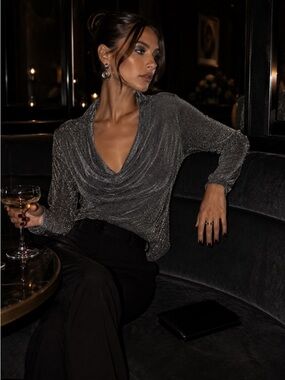 Sparkly Gray Cowl Neck Top Glam Holiday Evening Blouse